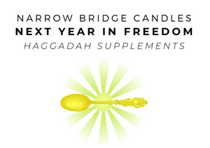 Text reads: "Narrow Bridge Candles / Next Year in Freedom / Haggadah Supplements" with image of a golden spoon in center of green rays