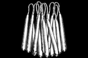 a drawing of a bundle of candle pairs, still attached at the wick, with a black background