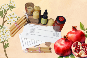 Illustrative watercolor style graphic of a pomegranate and hawthorne flower against a soft peach background with a photo of the creative ritual box/creative seasonal subscription box