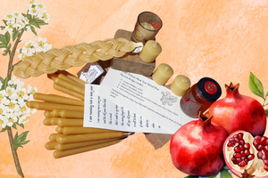 Illustrative watercolor style graphic of a pomegranate and hawthorne flower against a soft orange background with a photo of the deluxe ritual box/deluxe seasonal subscription box