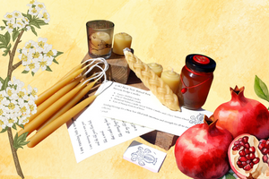 Illustrative watercolor style graphic of a pomegranate and hawthorne flower against a soft gold background with a photo of the ritual box/seasonal subscription box