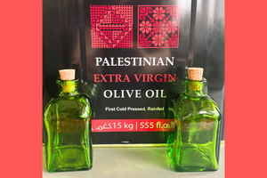 Two green glass bottles in front of a large tin labeled "Palestinian Extra Virgin Olive Oil"