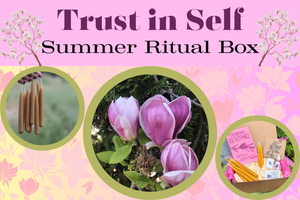 graphic with photos of a hand holding shabbat candles, a tulip magnolia and a ritual box with pink magnolia graphic elements and text that reads "Trust in Self Summer Ritual Box"