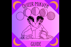 Image of a partially-submerged two headed person ladling and pouring water below the phases of the moon, framed by crescent moons and the text "Queer Mikveh Guide"