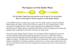 A screenshot of the first page of the supplement - a title that reads "The Spoon on the Seder Plate" above two golden spoons facing each other and blocks of text.